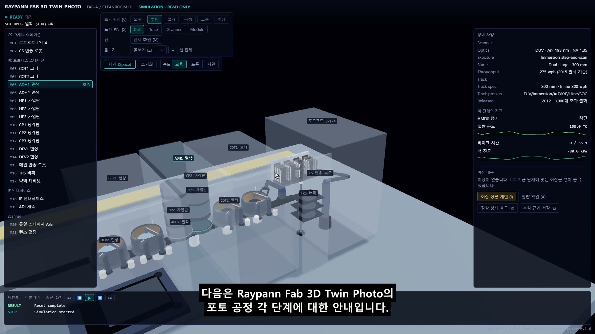 Raypann Fab Portal의 포토 3D 트윈에서 가상 장비 내부와 공정 상태를 살펴보는 교육용 화면